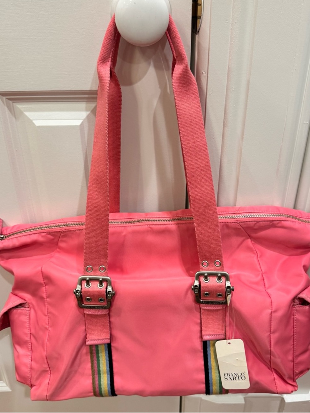 Franco Sarto Coral Pink Canvas Tote/Carryon Bag with Striped Accent New With Tag